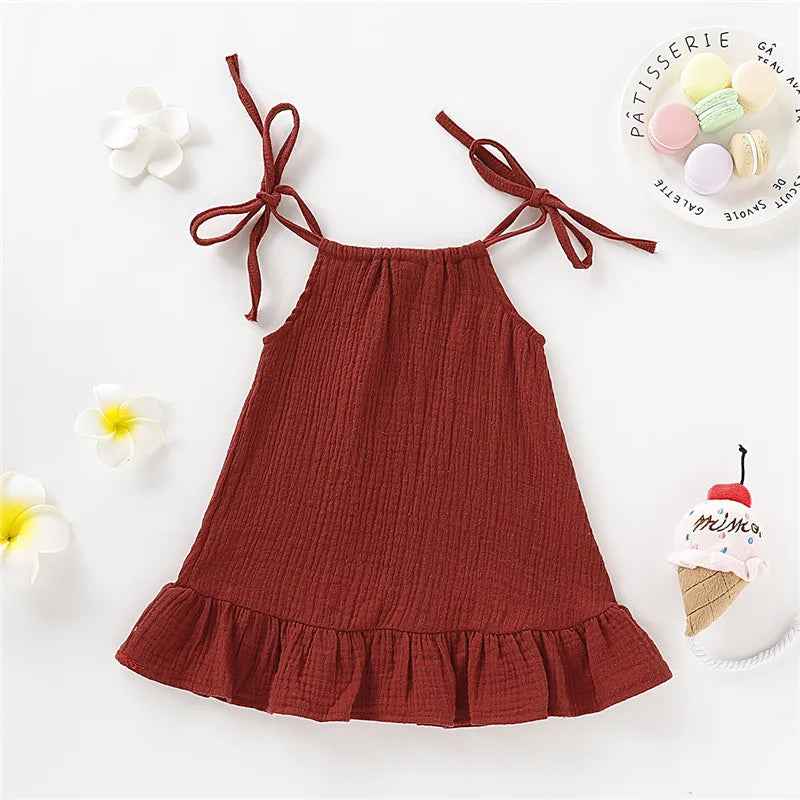 Kid Girl Summer Breathable Cotton Slip Dress Adjustable  Solid Color Halter Dress Toddler Girl Holiday Beachwea