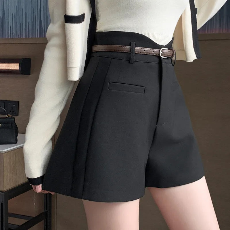 High Waist Gray Work Short Pants With Belt Fall Casual Suits Fabric Wide Leg Shorts Women-Dollar Bargains Online Shopping Australia