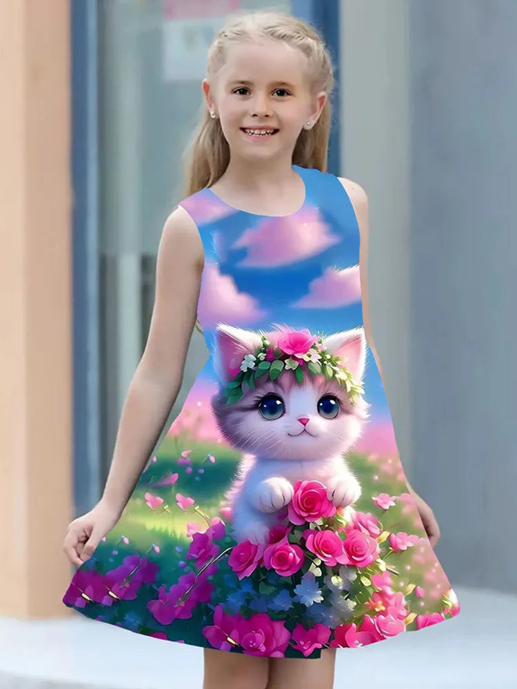 Summer Dress Girls Kids Clothes Casual Sleeveless O-neck Cat 3D Print Children Princess Dress-Dollar Bargains Online Shopping Australia