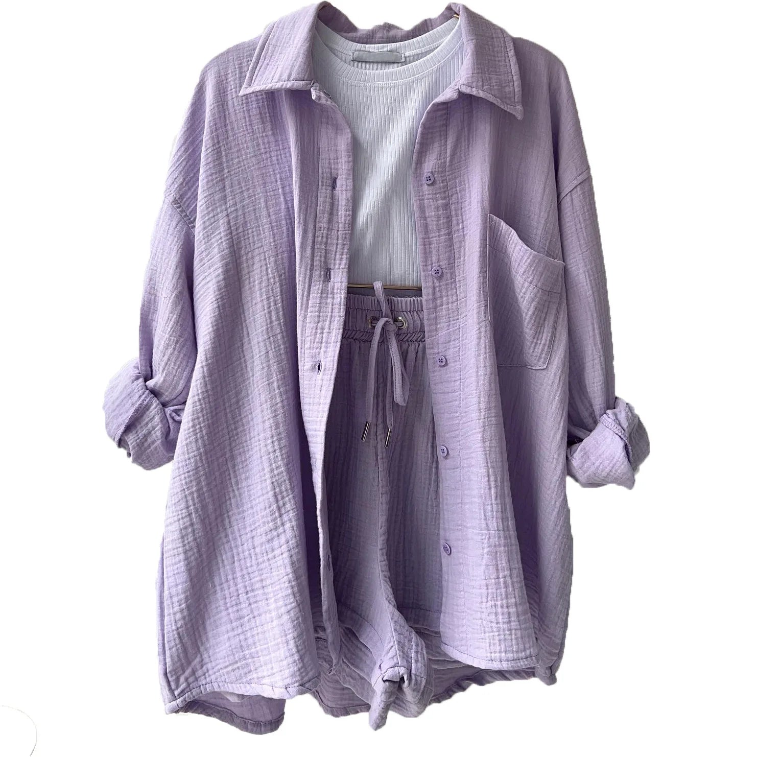 Casual Sleepwear Cotton Pajamas For Women Sets Suit Turn-Down Collar Long Sleeve Sleep Tops Shorts Two Piece Set Female Homewear-Dollar Bargains Online Shopping Australia