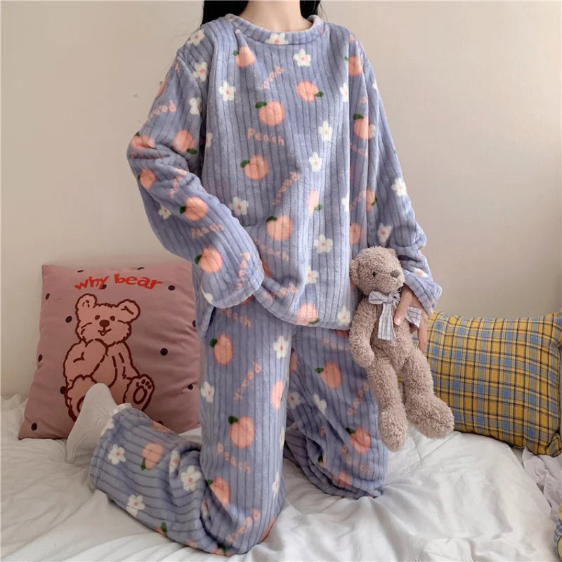 Cute Sweet Autumn Winter Warm Pajama Set Women Fleece Print Soft Homewear Female Sleepwear Pyjamas 2 Piece Sets pijama mujer