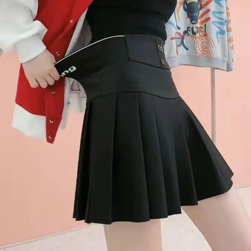 High Waist Women New Pleated Skirt Summer Solid Button Elastic A-line Wearing Safety Pants Fashion All-match Short Skirt-Dollar Bargains Online Shopping Australia