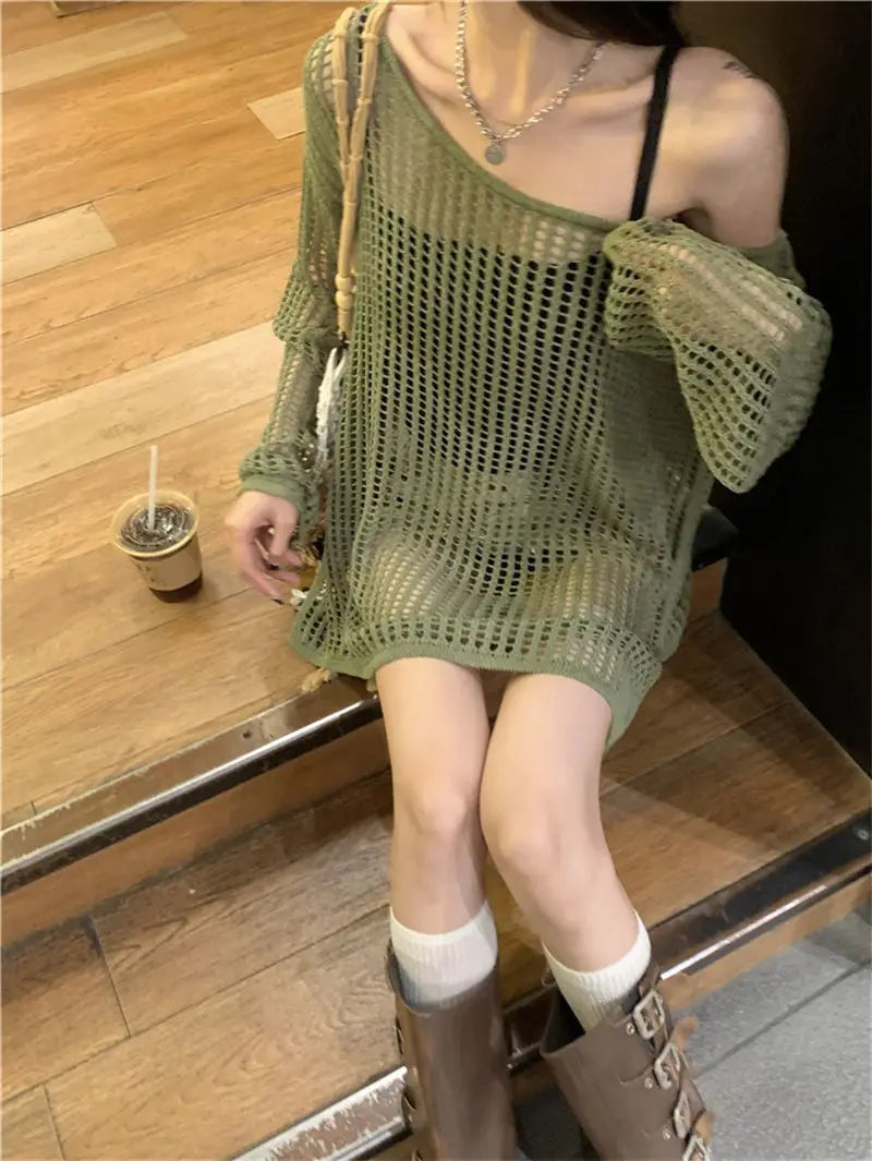 Korean Version Thin Hollow Long Sleeve Knitted Cardigan Women Spring Summer Design Niche Short Tops Loose Sexy-Dollar Bargains Online Shopping Australia