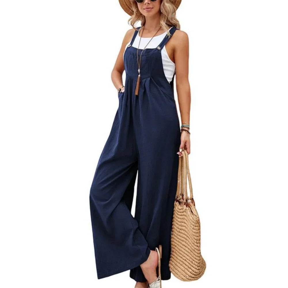 Retro Casual Cotton Suspender Long Pant Pockets Button Wide Leg Strap Jumpsuit Loose Rompers Overalls-Dollar Bargains Online Shopping Australia