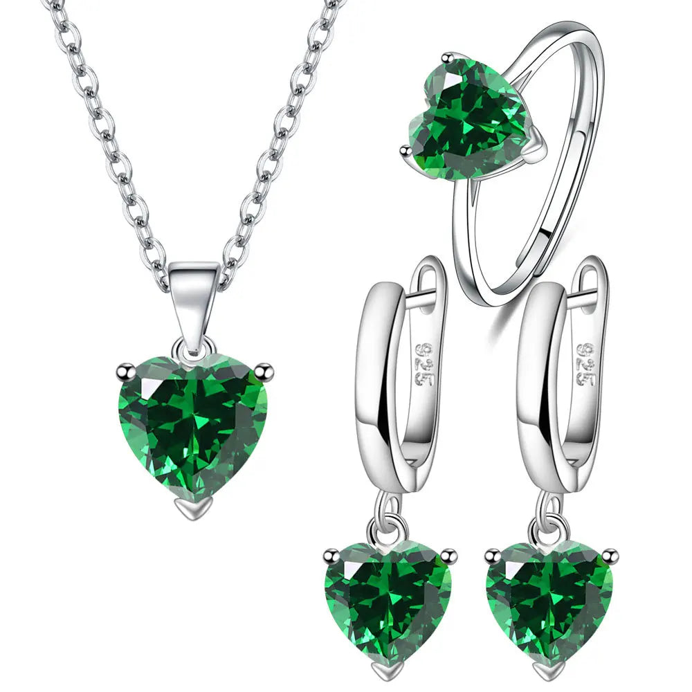 Silver Jewelry Sets For Women Heart Zircon Ring Earrings Necklace Wedding Bridal Elegant Christmas-Dollar Bargains Online Shopping Australia