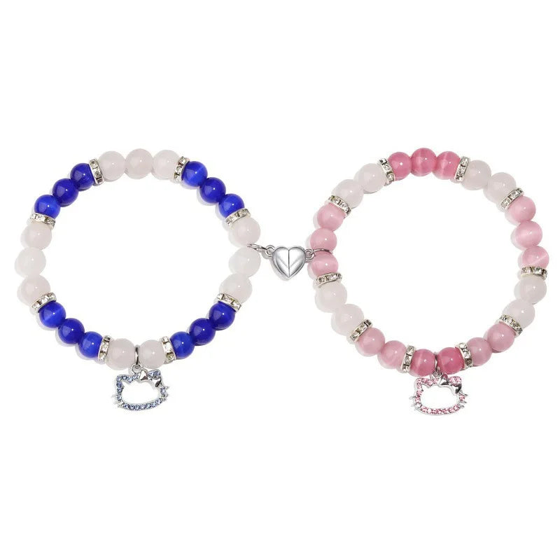 2Pcs/Set Pink Color Hello Cat Beaded Bracelets for Women Heart Magnetic Matching Couple Bracelets Girls Festival Jewelry Gifts-Dollar Bargains Online Shopping Australia