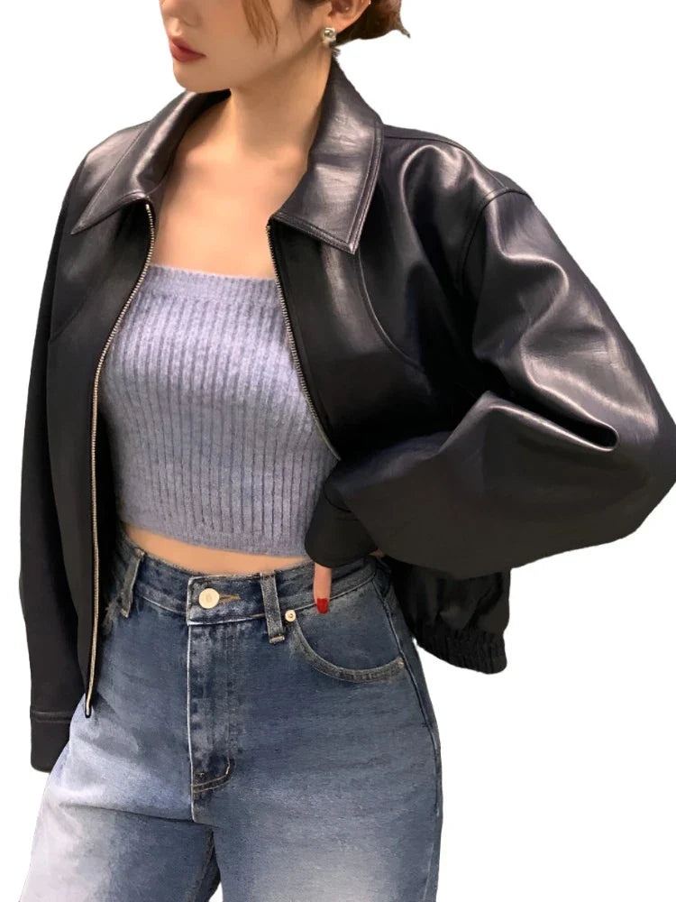 Trench Leather Jackets Women Streetwear Moto Biker Zipper Leather Jacket Casual High Street Cropped Leather Coats-Dollar Bargains Online Shopping Australia