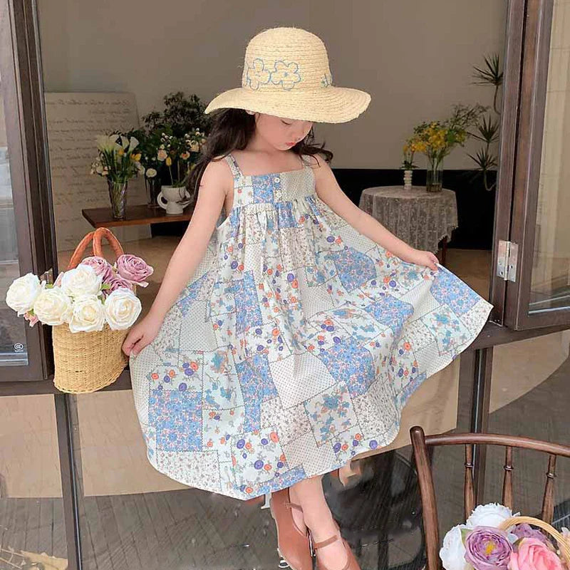 Girls Strap Dress Plaid Flower New Casual Dress Sweet Long Dress-Dollar Bargains Online Shopping Australia