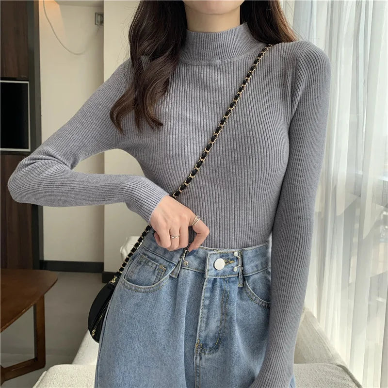 Sweater Top Women Ribbed Soft Mock Neck Elastic Pullover Warm Solid Color Slim Jumper-Dollar Bargains Online Shopping Australia