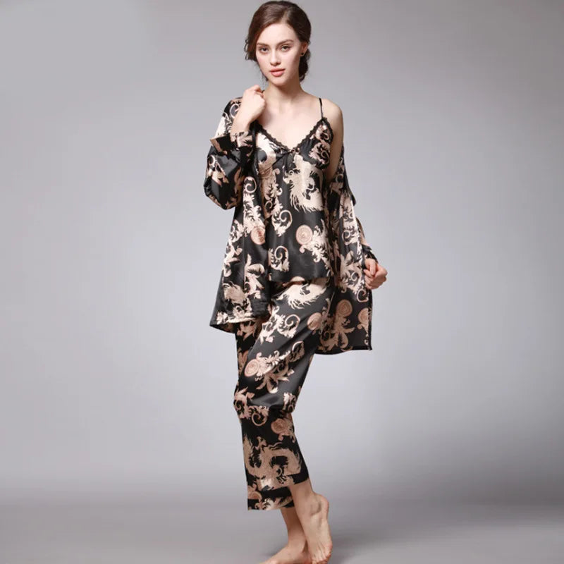 Women's Silk Satin Pajamas Set 3 Pcs Floral Silky Pj Sets Sleepwear Cami Nightwear with Robe and Pant-Dollar Bargains Online Shopping Australia