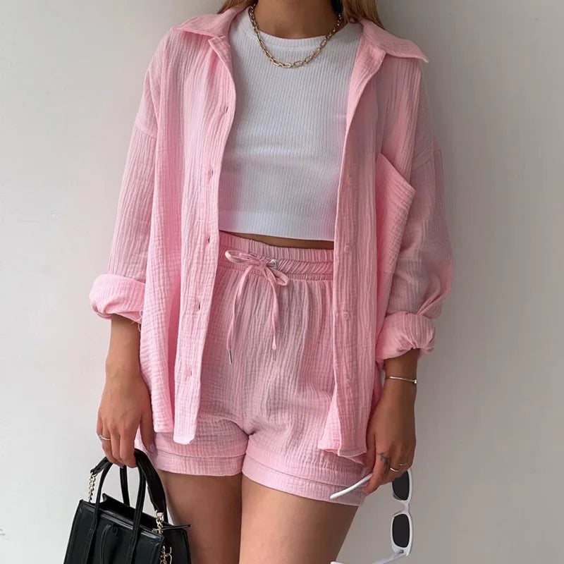 Casual Sleepwear Cotton Pajamas For Women Sets Suit Turn-Down Collar Long Sleeve Sleep Tops Shorts Two Piece Set Female Homewear-Dollar Bargains Online Shopping Australia