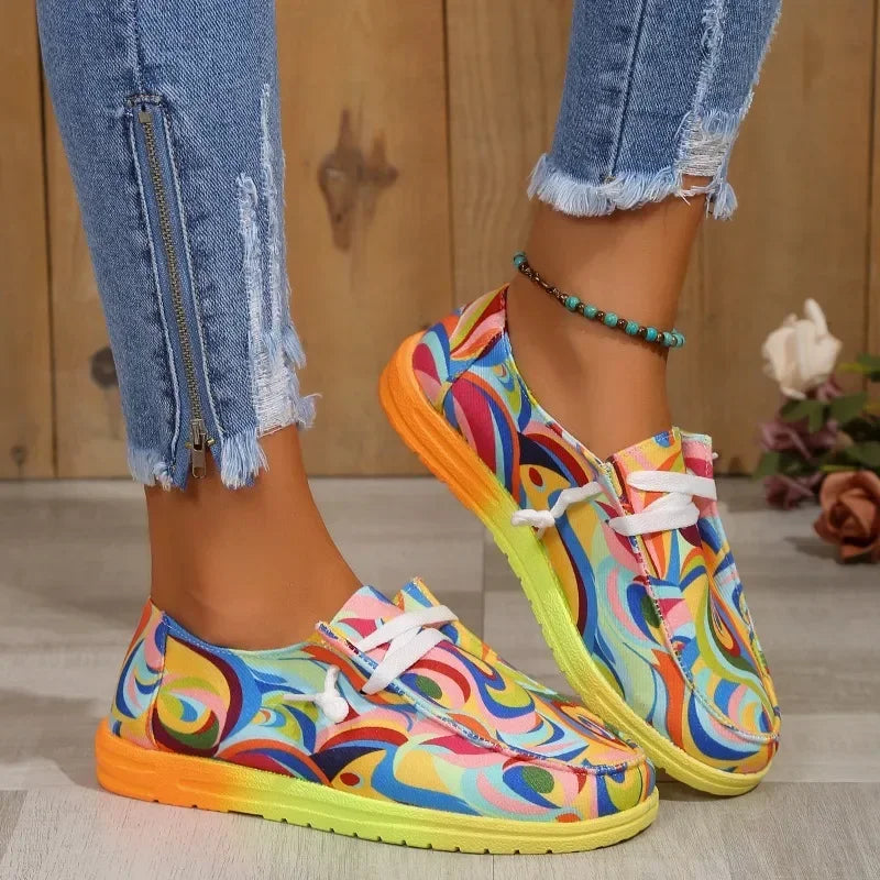 Women Ethnic Rainbow Canvas Shoes Autumn New Casual Daily Ladies Flat Shoes Round Toe Multi-Color Print Lace-up Sneakers-Dollar Bargains Online Shopping Australia