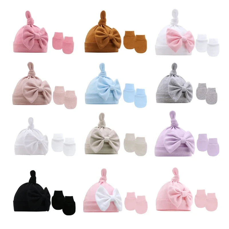 Newborn Bun Knot Hat Baby Hospital Hat Glove Set Boys Girls Unisex Headwear-Dollar Bargains Online Shopping Australia