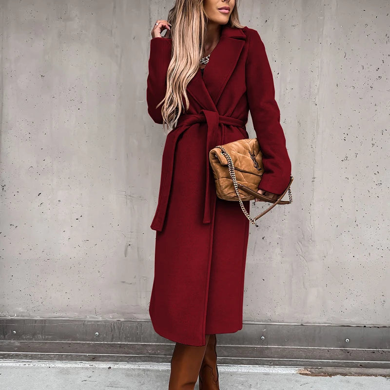 Warm Long Women Woolen Coat with Belt Casual Elegant Solid Color Female Windbreakers Overcoat