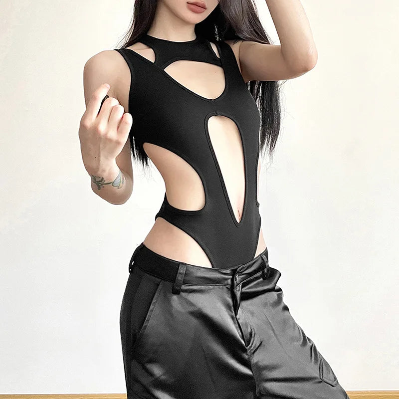 Mall Gothic Hollow Out Sexy Bodysuits Techwear Fashion Y2k Patchwork Tops Women Grunge Backless High Cut Slim Bodysuit-Dollar Bargains Online Shopping Australia