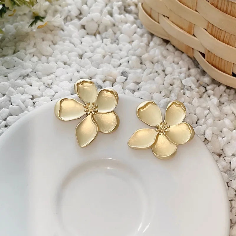 Gold Color Matte Texture Metal Flower Retro Earrings for Women Girls Fashion Party Jewelry-Dollar Bargains Online Shopping Australia