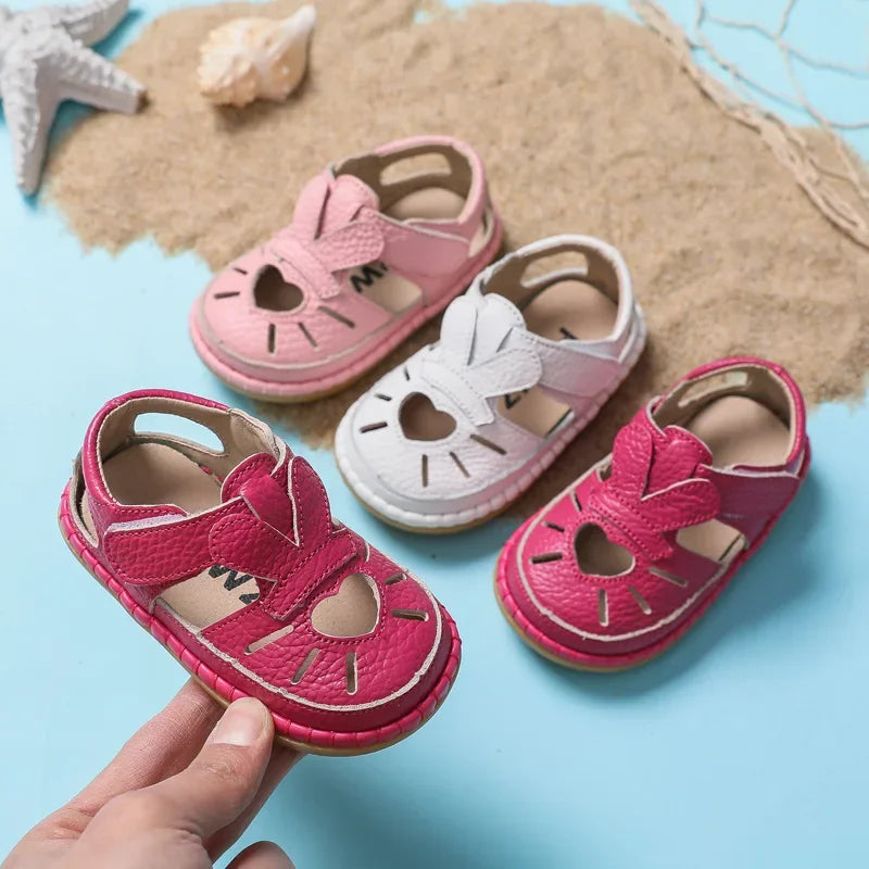 Infant Sandals Baby Girls Anti-collision Toddler Shoes Love Soft Bottom Genuine Leather Kids Children Beach Sandals