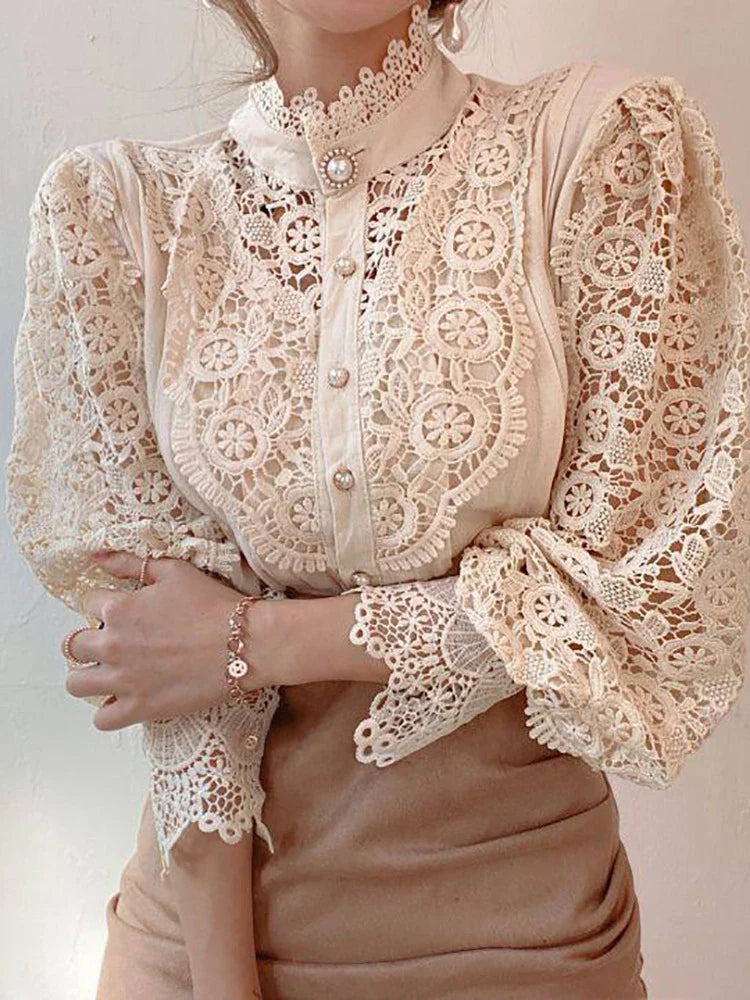 Women Chiffon Button Turtleneck Shirt Chic Elegant Floral Lace Fluffy Long Sleeve Top Fashion Hollow Oversize White Blouse-Dollar Bargains Online Shopping Australia