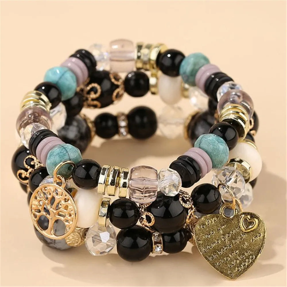 Bohemian Pink Crystal Beads Heart Charm Bracelets Women Girls Ethnic Tree Of Life Charm Wrap Bracelet-Dollar Bargains Online Shopping Australia