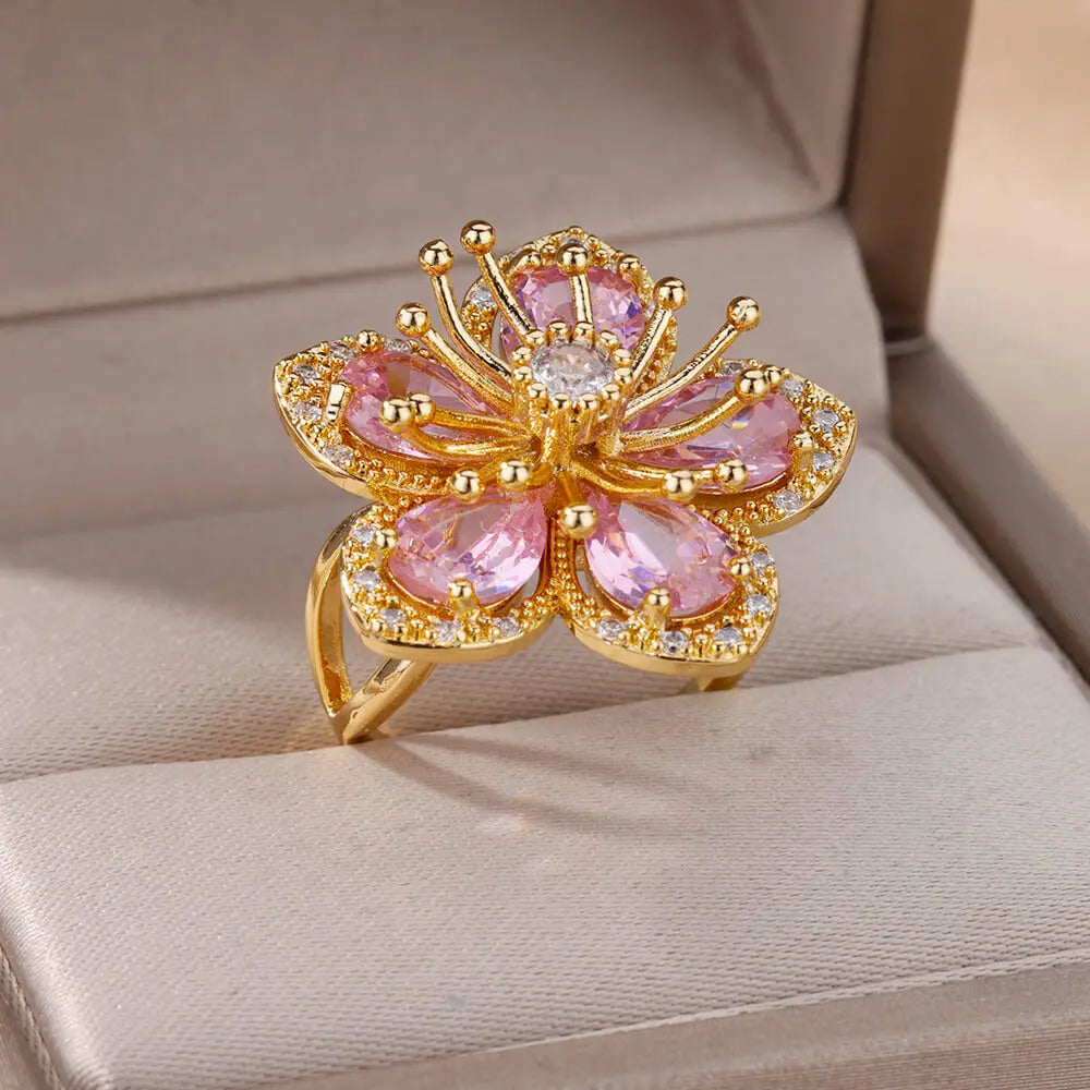 Pink Zircon Flower Rings for Women Gold Color Stainless Steel Ring Elegant Luxury Aesthetic Jewelry-Dollar Bargains Online Shopping Australia