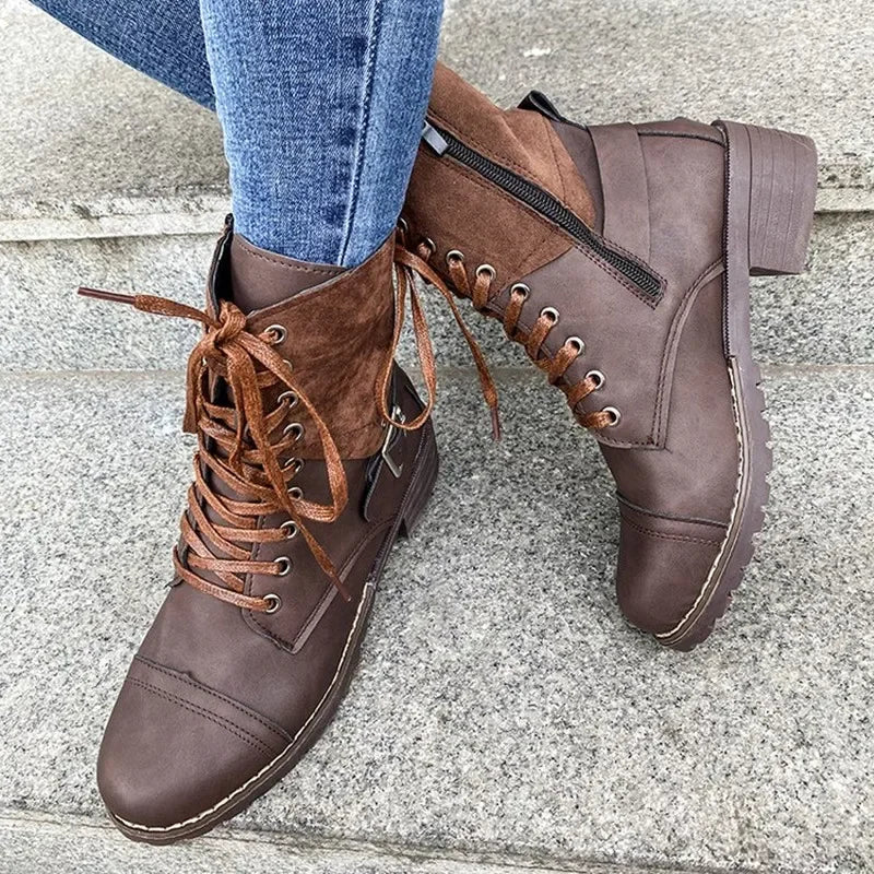 Retro Ankle Boots Women's New Solid Color Lace-up Casual Women's Shoes Women's Heels Round Toe Boots