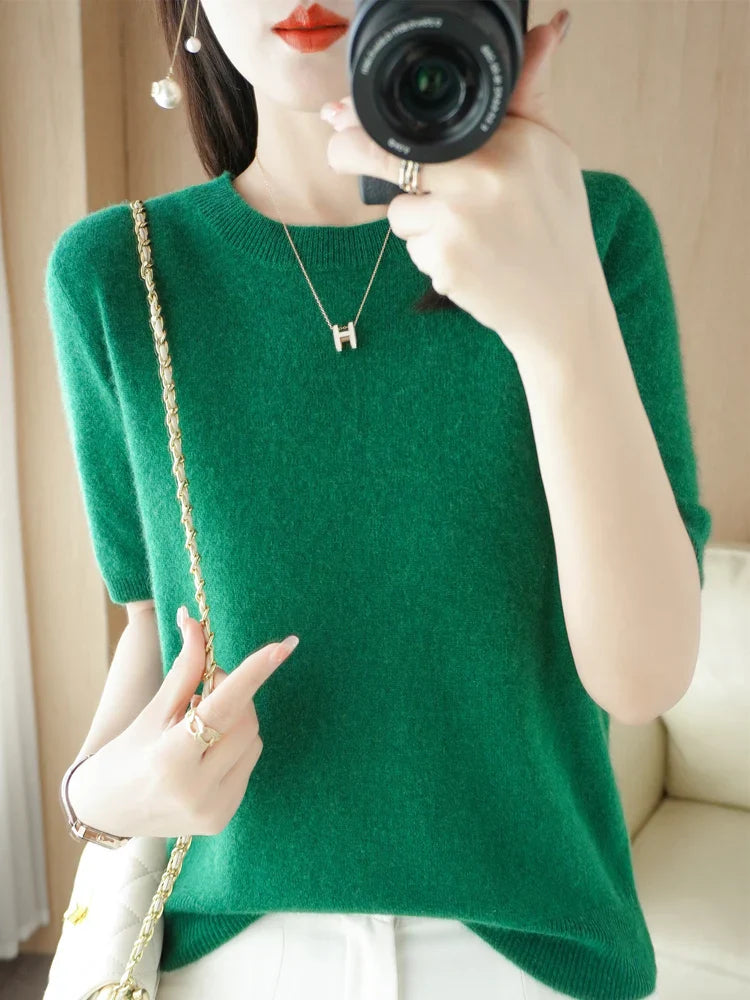 Short-sleeved Knitwear Women O-neck T-shirt Wool Cotton Blend Pullover Vest Sprig Summer Bottoming Tops Sweater Solid Soft-Dollar Bargains Online Shopping Australia