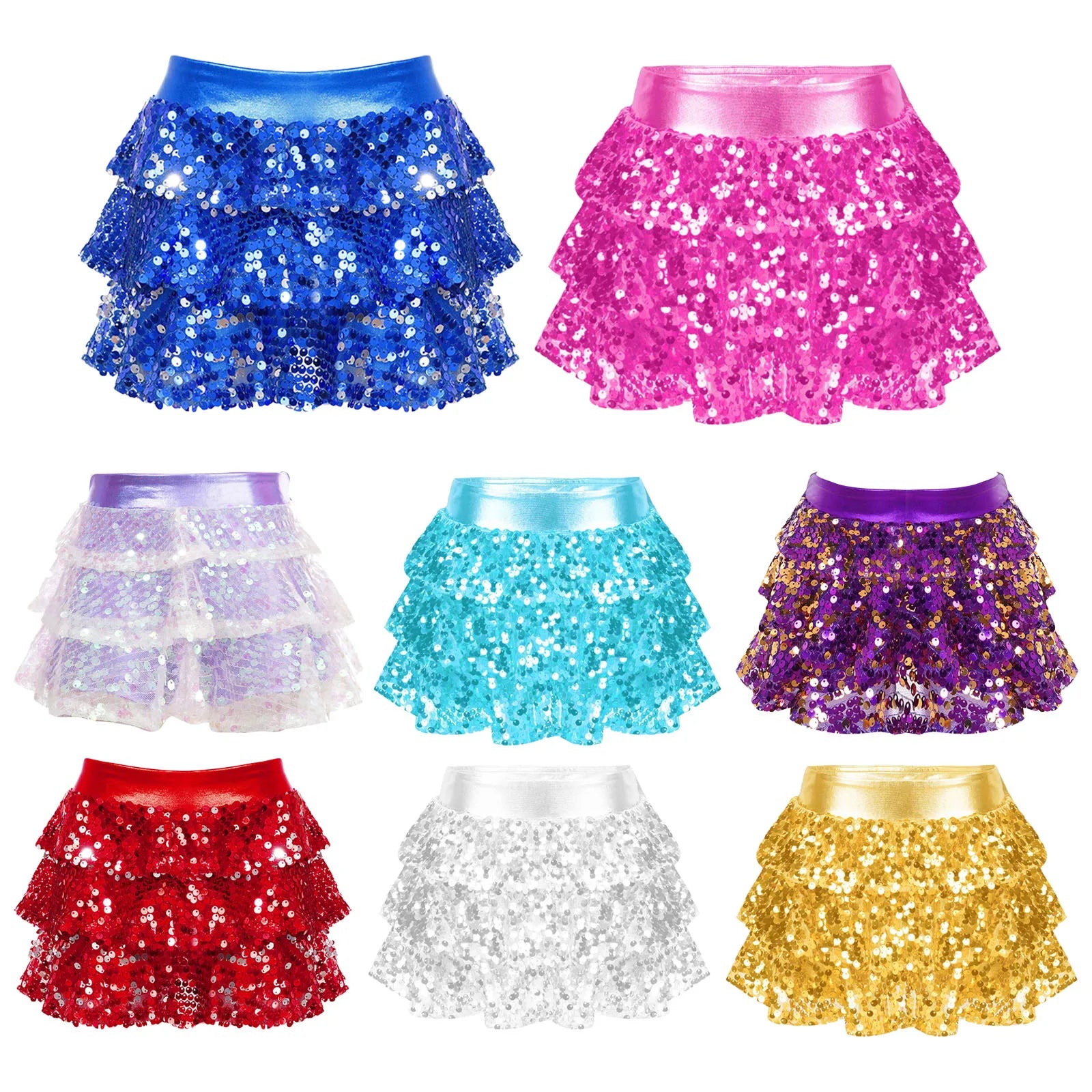 Kids Girls Shiny Sequins Tiered Ruffle Skirted Shorts Metallic Culottes for Latin Jazz Modern Dancing Stage Performance Costume-Dollar Bargains Online Shopping Australia