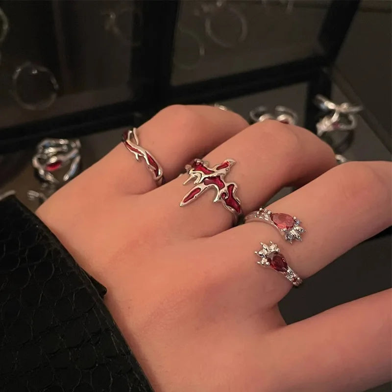 Vintage Red Enamel Cross Open Rings For Women Men Punk Hip Hop Irregular Lava Texture Rings Y2K Aesthetic Jewelry-Dollar Bargains Online Shopping Australia