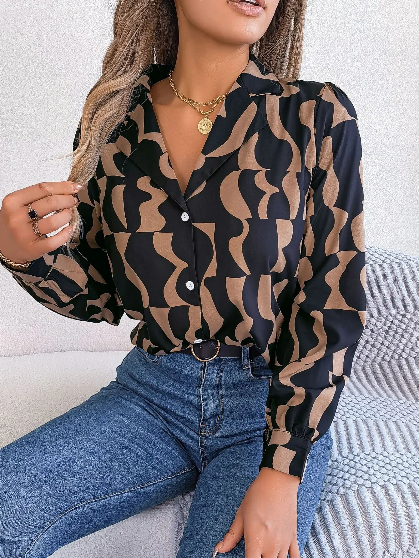 Office Lady Shirts Contrast Stripe Notched Collar Long Sleeve Tops Women Single Breasted Elegant Shirt-Dollar Bargains Online Shopping Australia