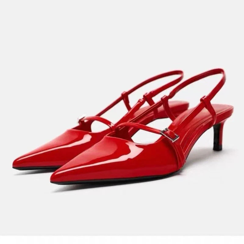 Patent Leather Women Sandals Sexy Pointed Toe Back Strap Buckle Summer Slingback Footwear Large Size High Heel Red Wedding Shoes-Dollar Bargains Online Shopping Australia