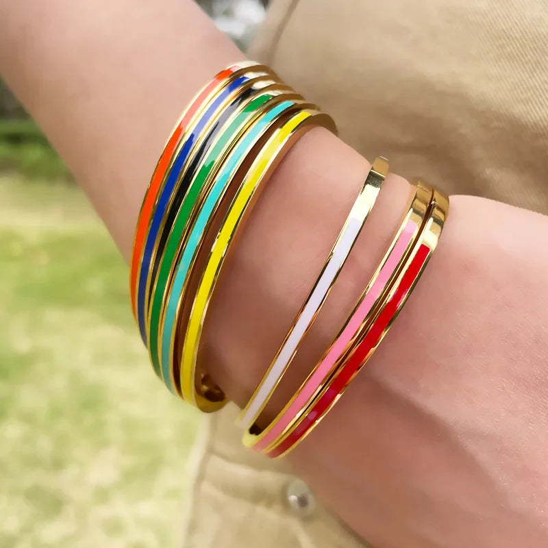 3mm Width Colorful Enamel Thin Bangles Stainless Steel Gold Color Cute Lover Bracelets for Women Trendy Jewelry-Dollar Bargains Online Shopping Australia