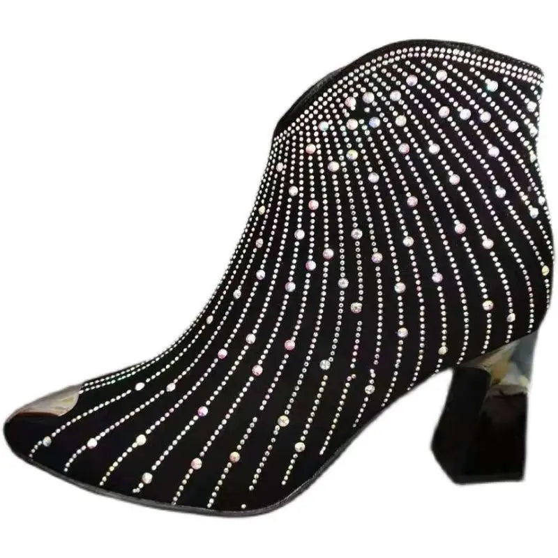 Women Rhinestone Ankle Boots Shine Short Side Zip Pointed Toe shoes Black-Dollar Bargains Online Shopping Australia