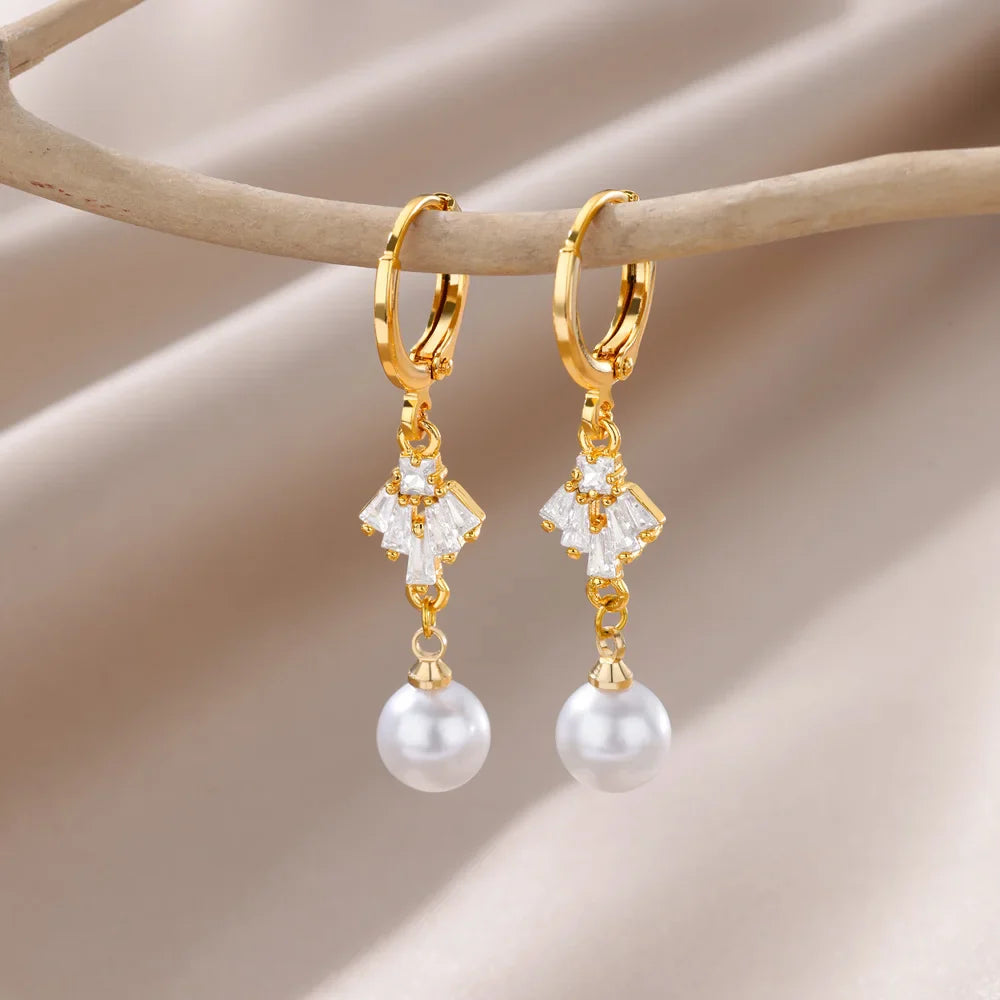 Fashion Circle Imitation Pearl Drop Earrings for Women Gold Color Stainless Steel Round Geometric Hoop Earring Wedding Jewelry-Dollar Bargains Online Shopping Australia