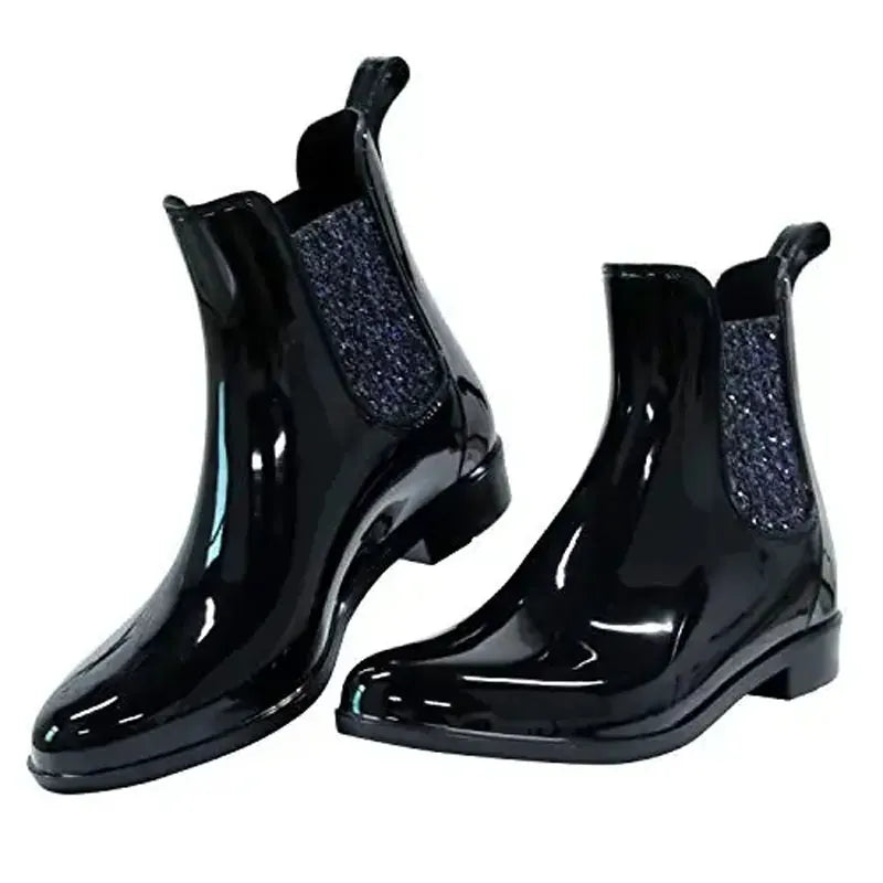 Women Fashion Chelsea Rain Boots Basic Shiny Ankle Boots Waterproof Shoes with Elastic Band Non-slip Comfortable Boots-Dollar Bargains Online Shopping Australia