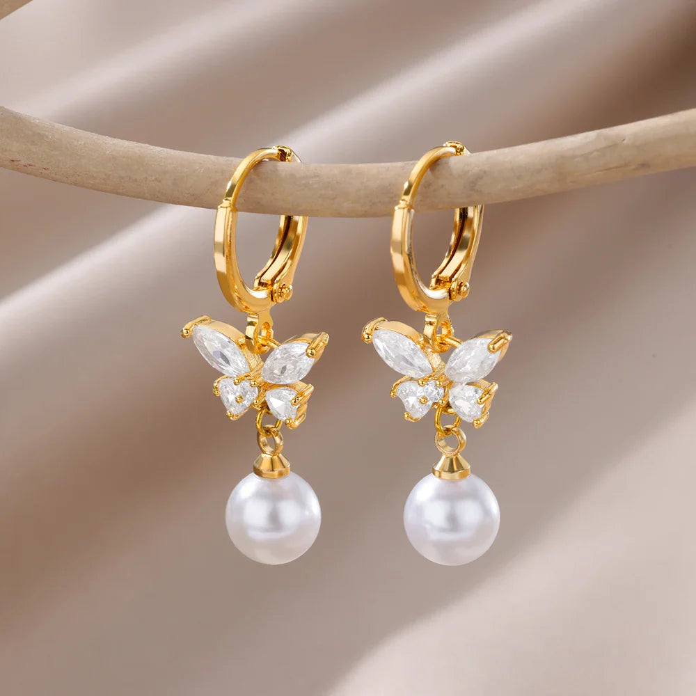 Fashion Circle Imitation Pearl Drop Earrings for Women Gold Color Stainless Steel Round Geometric Hoop Earring Wedding Jewelry-Dollar Bargains Online Shopping Australia