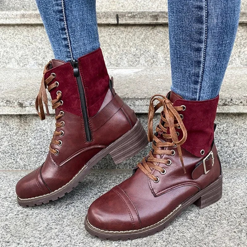 Retro Ankle Boots Women's New Solid Color Lace-up Casual Women's Shoes Women's Heels Round Toe Boots