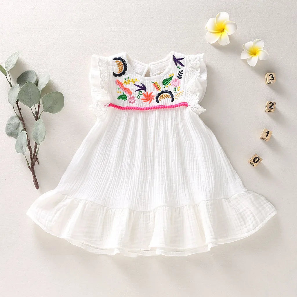 Infant Baby Girls Cotton Linen Dresses Pleated Short Sleeve Delicate Embroidery Swing White Dress Summer Leisure Dress-Dollar Bargains Online Shopping Australia