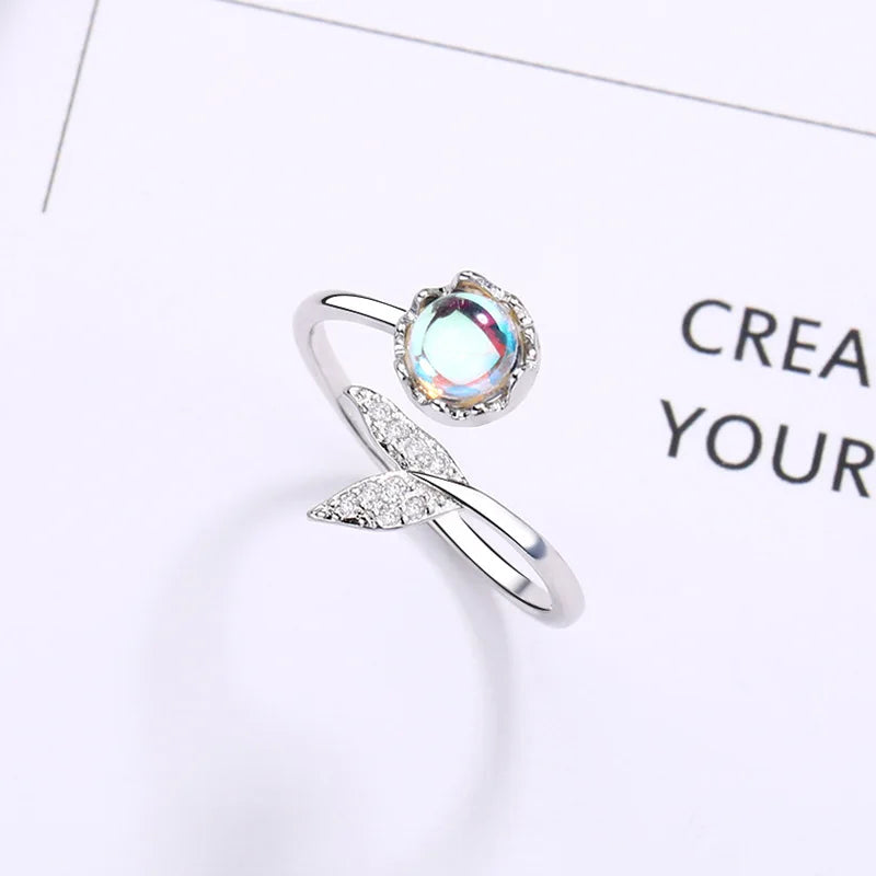 Whale Tale Mermaid Blue Green Leaf Silver Color Finger Rings Stackable Moon Stone Women Jewelry-Dollar Bargains Online Shopping Australia