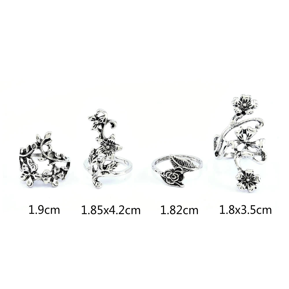 4PCS/Set Forest Vine Leaf Flower Ring Vintage Punk Antique Carved Midi Finger Ring Women Bohemian Rings For Men Jewelry Gifts