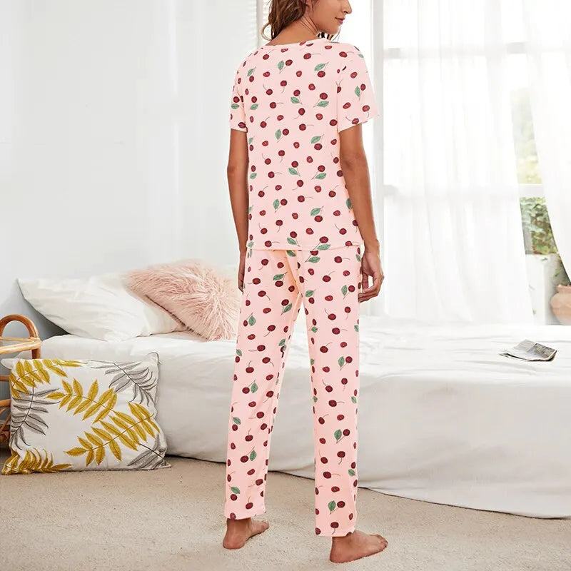 Women Pyjamas Short Sleeve Tops and Trousers With Eye Mask Pajamas Set Print Sweet Cute Sleepwear Autumn Home Clothing Pijama Pj