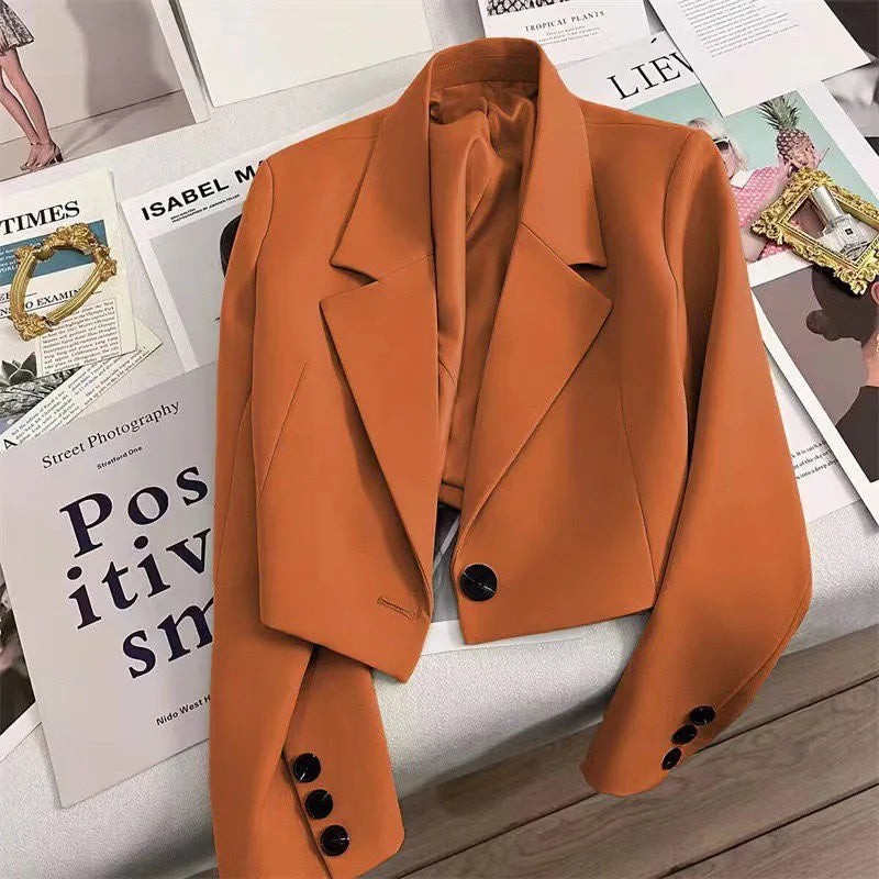 Cropped Blazers Women Autumn New Simple Single-Button Suit Jacket All-Match Long Sleeve Office Lady Outwear-Dollar Bargains Online Shopping Australia