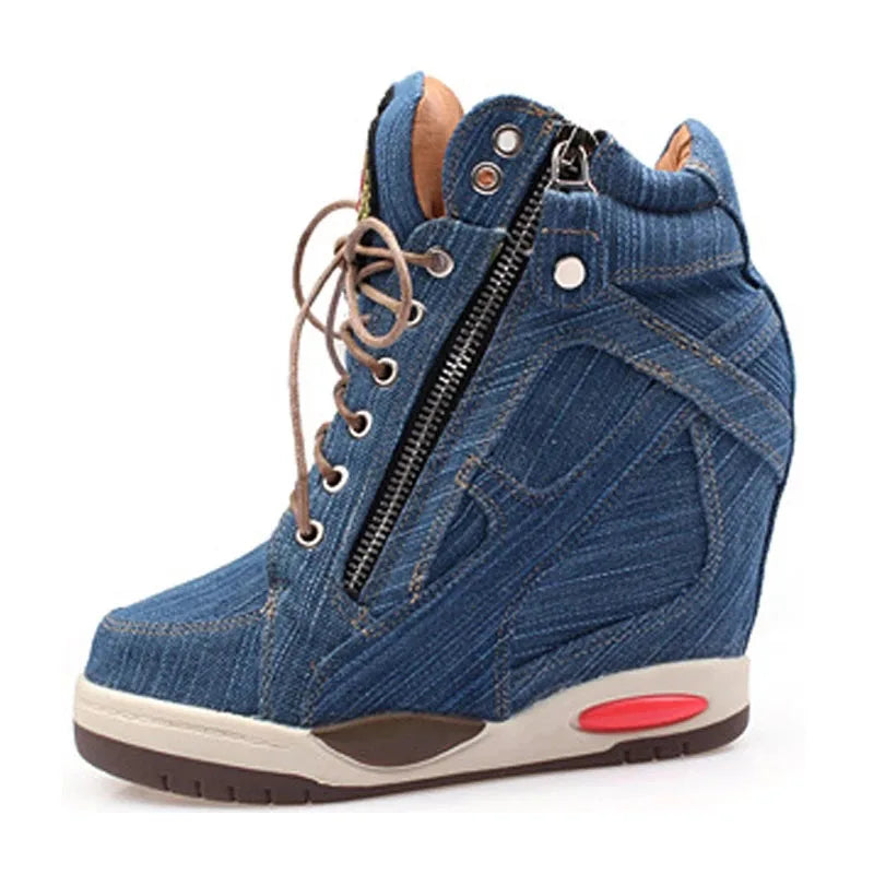 Denim Wedges high top sneakers Platform Casual Fashion Woman Zipper Vulcanized Shoes Thick Bottom