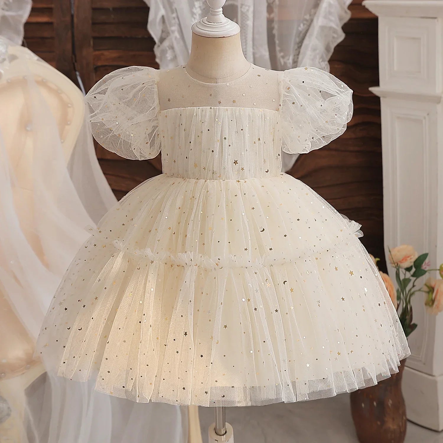 Toddler Girl Party Princess Dress Baby Champagne 1st Birthday Outfits Kids Summer Puff Sleeve Sequin Tutu Gown Girl Gala Clothes-Dollar Bargains Online Shopping Australia