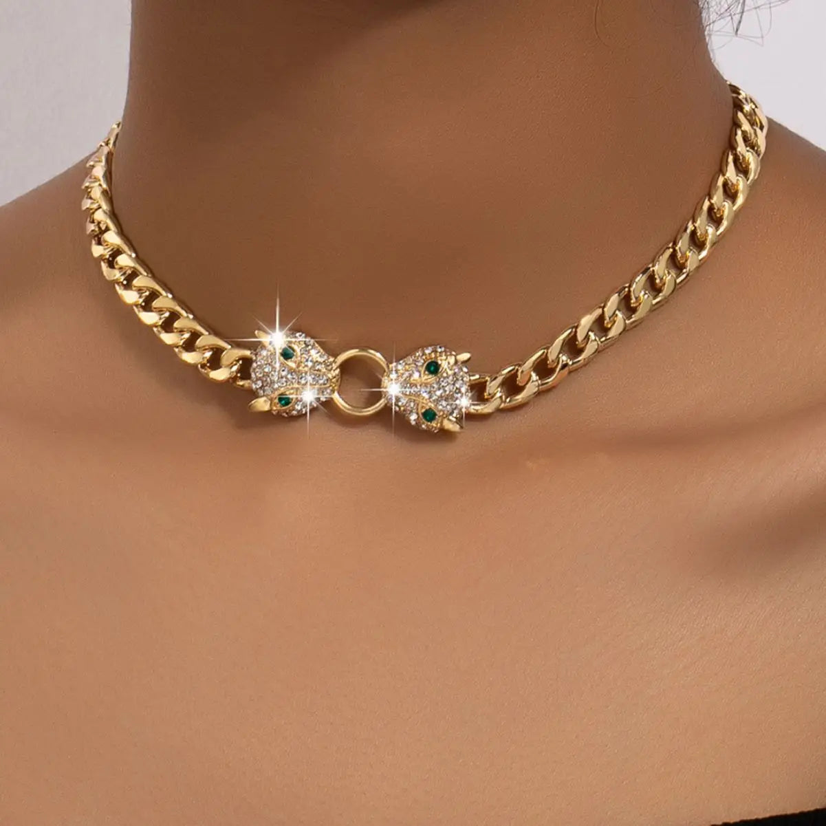 Hip-hop Gold Plated Rhinestone Leoprad Head Necklace Jewelry Set for Women Fashion Animal Pendant Metal Chain Men's Bracelet-Dollar Bargains Online Shopping Australia