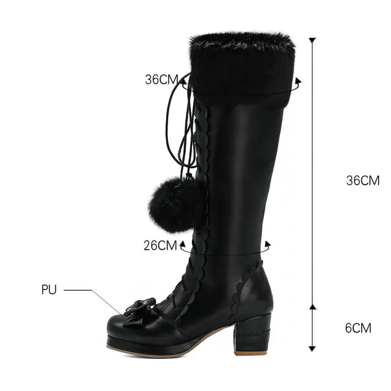 Lolita High Boots Winter Warm Fur Neck Girls Cosplay Party JK Princess Shoes Lace Up Bowtie Chunky Heel Side Zipper PU Leather-Dollar Bargains Online Shopping Australia