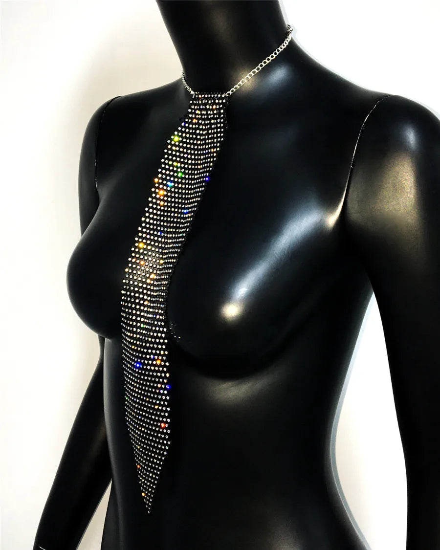 Shiny Rhinestone Fishnet Tie For Women Fashion Luxury Diamond Wedding Banquet Feast Club Party Necklace Jewelry Accessories