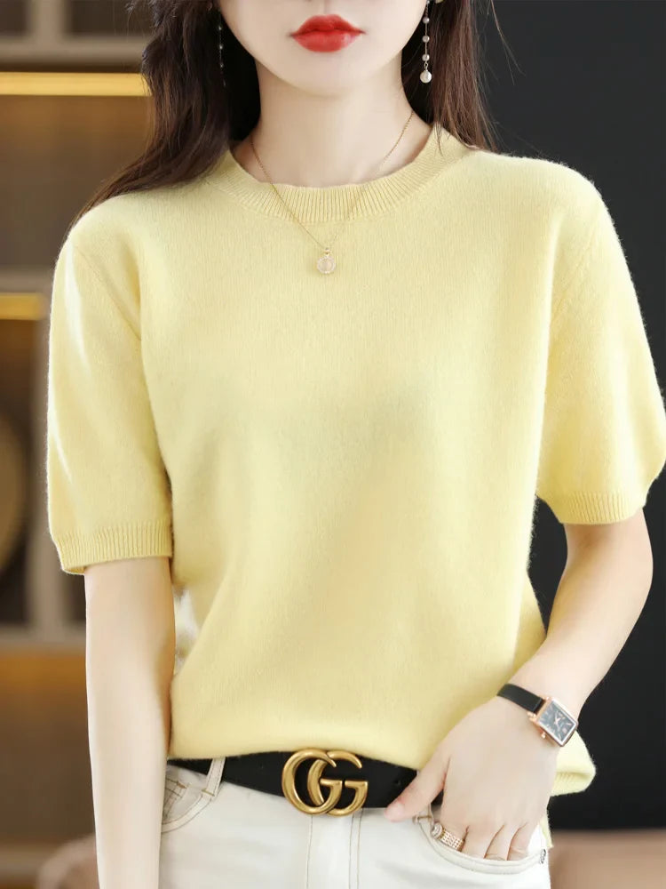 Short-sleeved Knitwear Women O-neck T-shirt Wool Cotton Blend Pullover Vest Sprig Summer Bottoming Tops Sweater Solid Soft-Dollar Bargains Online Shopping Australia