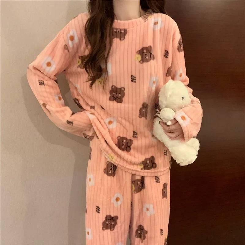 Cute Sweet Autumn Winter Warm Pajama Set Women Fleece Print Soft Homewear Female Sleepwear Pyjamas 2 Piece Sets pijama mujer