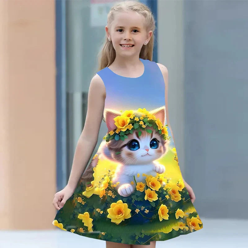 Summer Dress Girls Kids Clothes Casual Sleeveless O-neck Cat 3D Print Children Princess Dress-Dollar Bargains Online Shopping Australia