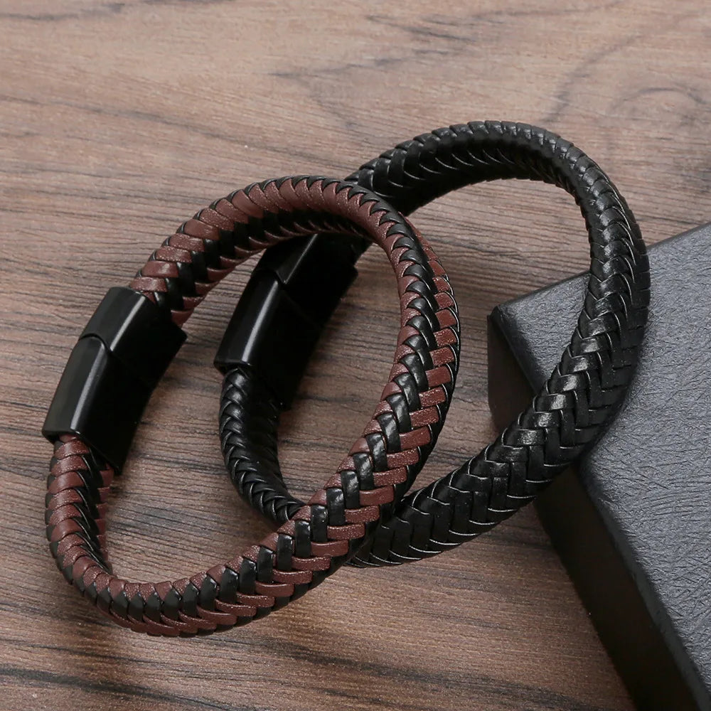 Punk Men Leather Braided Bracelet Hand-Woven Classic Stainless Steel Magnetic Clasp Leather Bangle-Dollar Bargains Online Shopping Australia